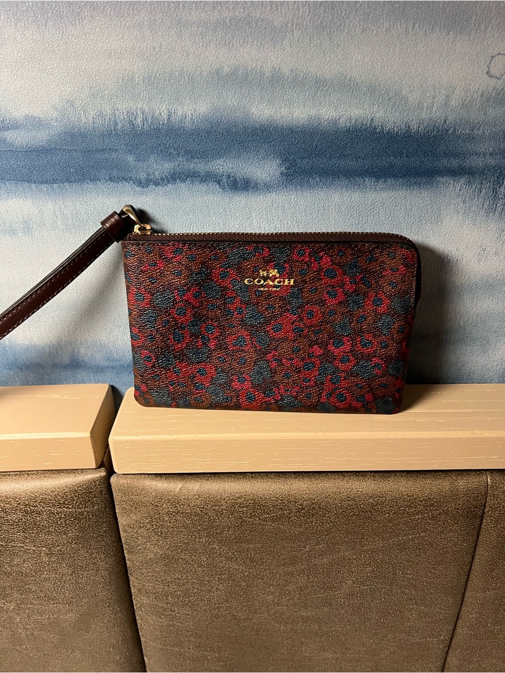 Coach Floral Wristlet in Red and Navy with Gold Logo